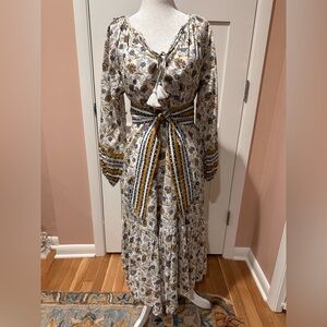 Cleobella Ivory Floral Maxi Dress with Blue and Mustard Trim